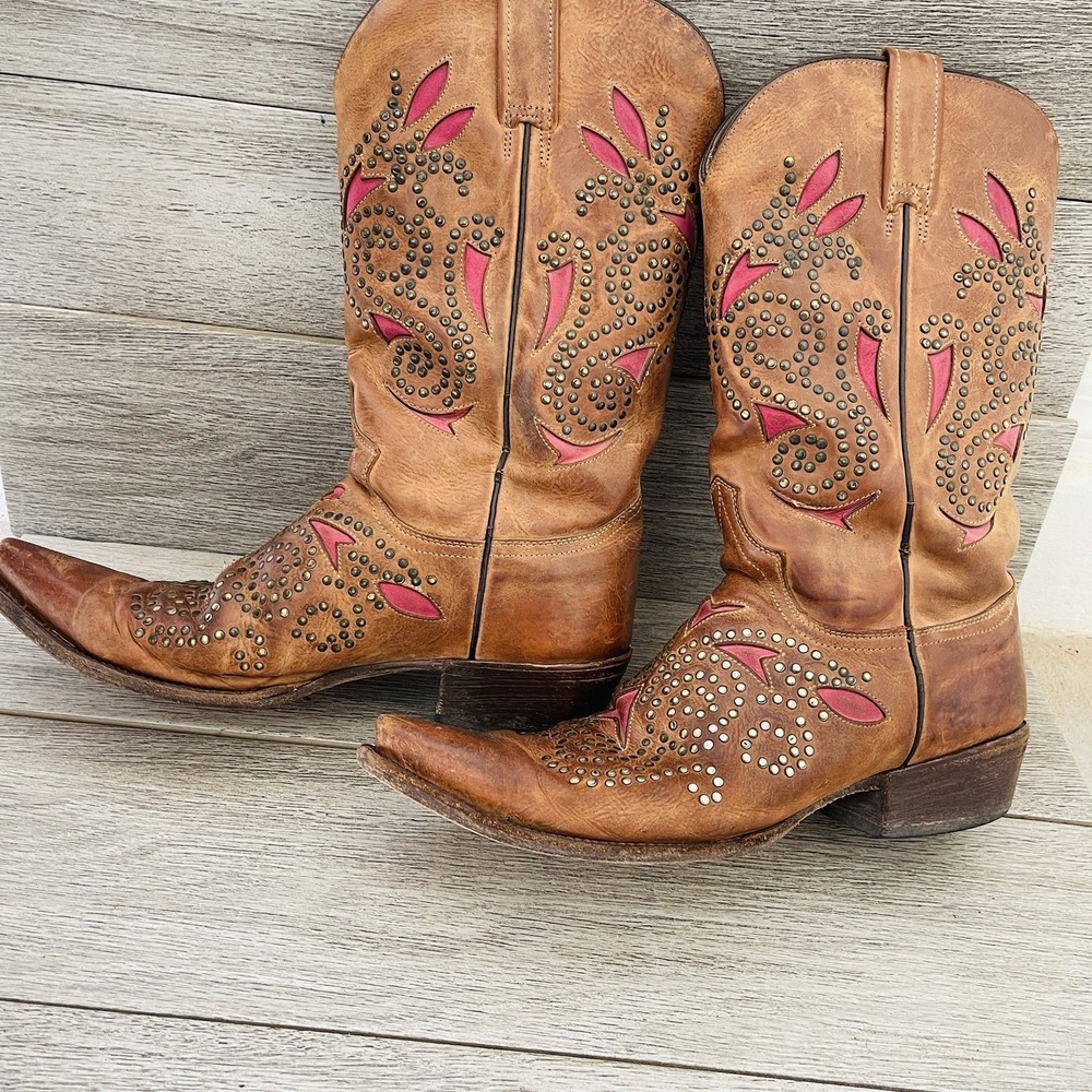 Stetson Casey Women's Western Cowboy Boots 10.5 M Tan Brown Studded Pink Mexico